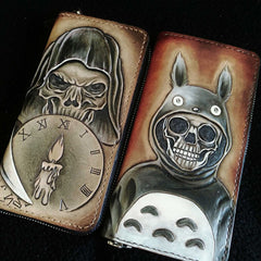 Handmade Leather Skull Totoro Tooled Mens Long Wallet Cool Leather Wallet Clutch Wallet for Men
