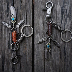 Handmade Biker Trucker Motorcycle Cool Feathers Key Ring Keychain Fob Leather Braided Keychain