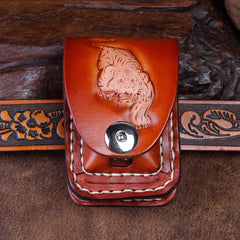 Cool Coffee Leather Mens Engraved Tiger Cigarette Holder Case lighter Holder for Men