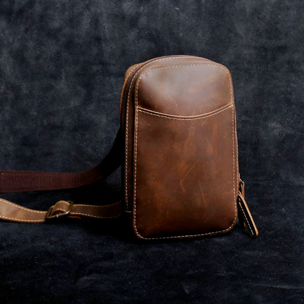 Handmade Leather Mens Cool Chest Bag Sling Bag Crossbody Bag Travel Bag Hiking Bag for men