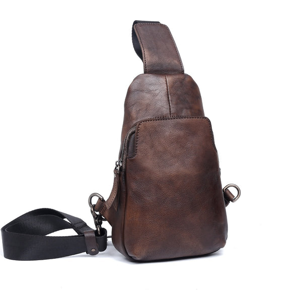 Handmade Genuine Leather Mens Cool Chest Bag Sling Bag Crossbody Bag Travel Bag Hiking Bag for men