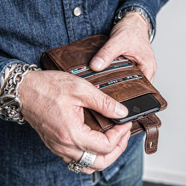Genuine Leather Mens Cool Short Leather Wallet Men Cards Wallets Bifold for Men - iChainWallets