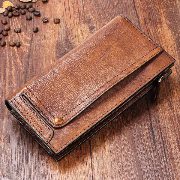 Handmade Leather Mens Cool Long Leather Wallet Bifold Clutch Wallet for Men - iChainWallets