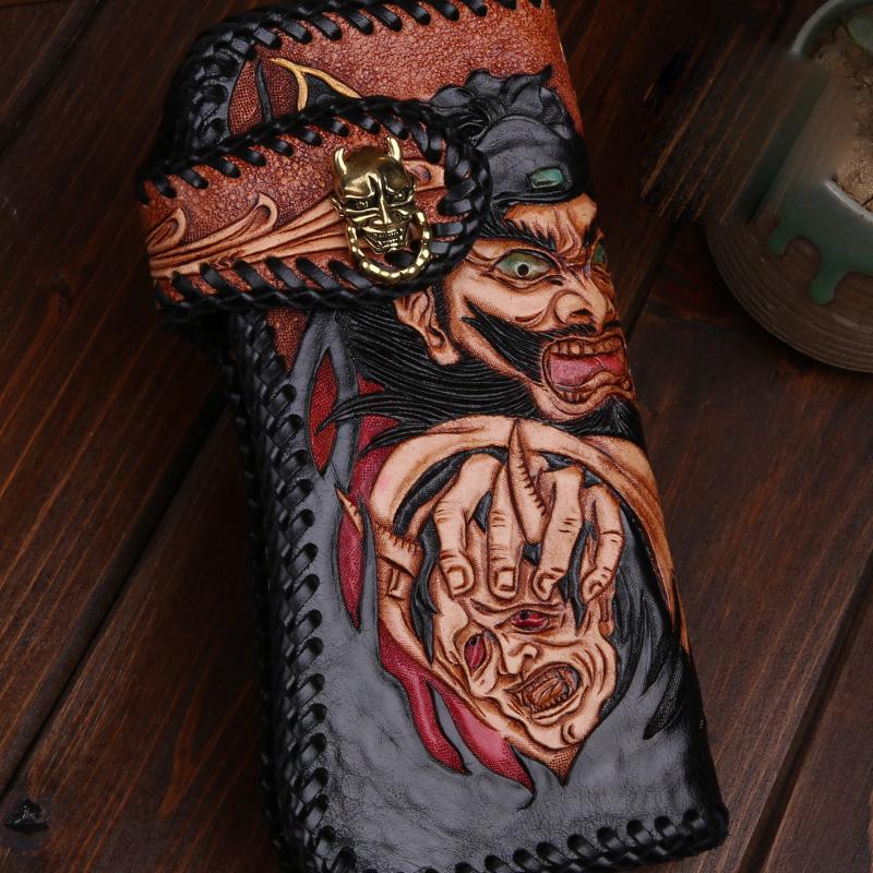 Handmade Mens Cool Tooled Long Zhong Kui demon Leather Chain Wallet Biker Trucker Wallet with Chain