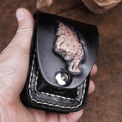 Cool Coffee Leather Mens Engraved Tiger Cigarette Holder Case lighter Holder for Men