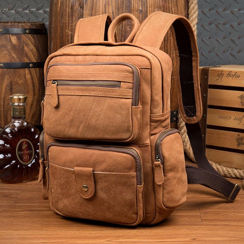 Cool Khaki Mens Leather 13inches Computer Backpack Camel Travel Backpack School Backpack for men