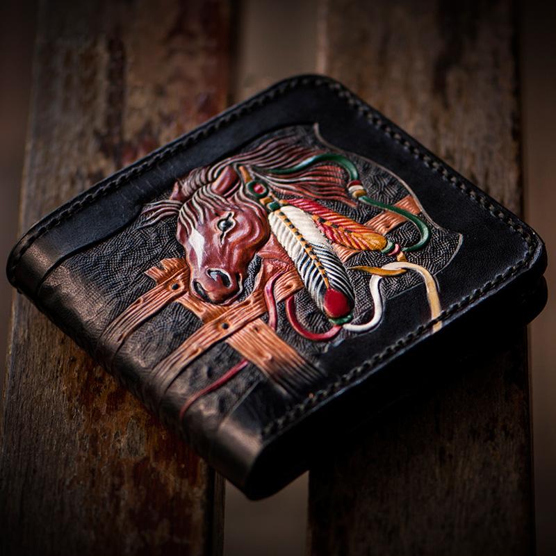 Handmade Leather Fine Horse Tooled Mens billfold Wallet Cool Leather Wallet Slim Wallet for Men