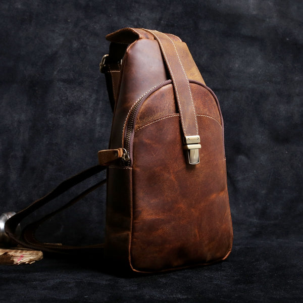 Handmade Leather Mens Cool Chest Bag Sling Bag Crossbody Bag Travel Bag Hiking Bag for men