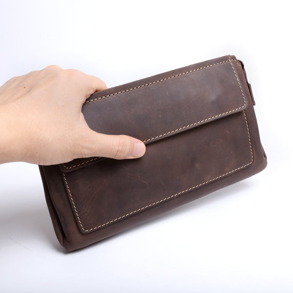 Genuine Leather Mens Cool Long Leather Wallet Zipper Clutch Wristlet Wallet for Men