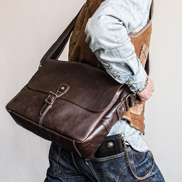 Genuine Leather Mens Messenger Bag Briefcase Laptop Bag Bike Bag Cycling Bag for men - iChainWallets