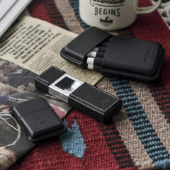 Cool Mens Black Leather Portable Ashtray Travel Ashtray Pocket Ashtray Lighter for Men