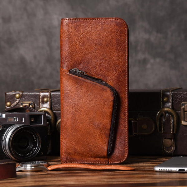 Handmade Leather Mens Cool Long Leather Wallet Zipper Phone Clutch Wallet for Men - iChainWallets