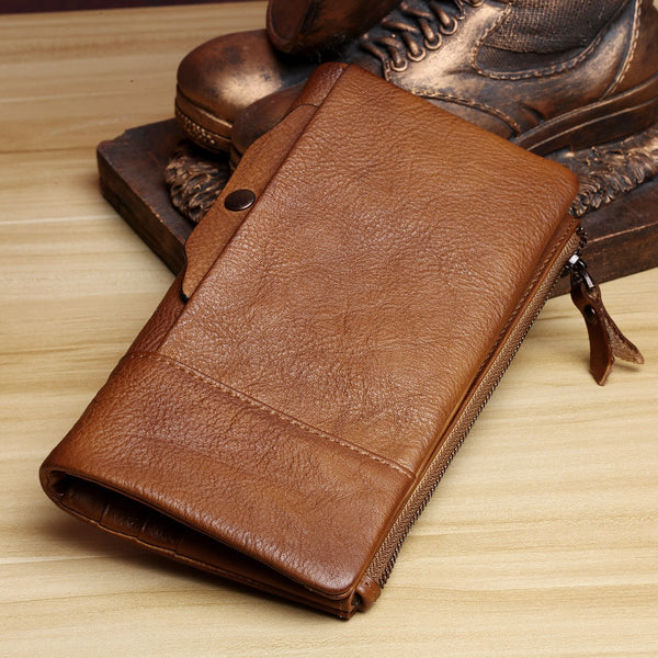 Handmade Leather Mens Cool Long Leather Wallet Card Wallet Clutch Wristlet Wallet for Men