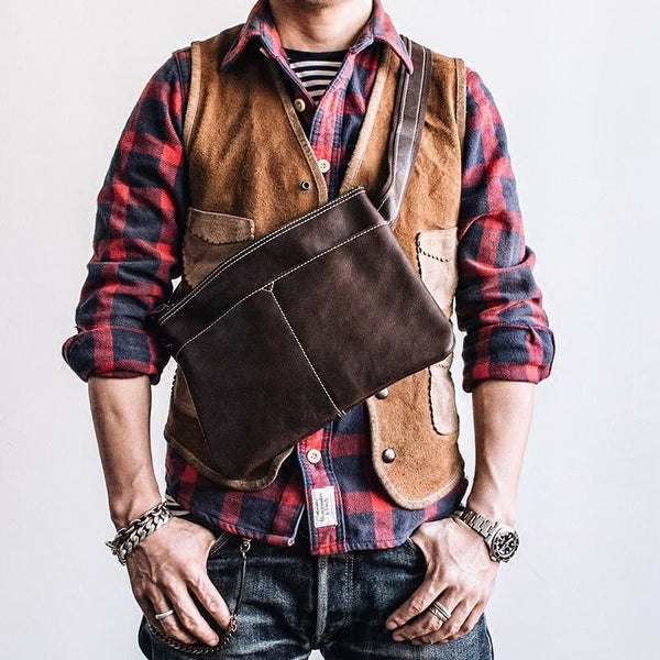 Genuine Leather Mens Cool Small Messenger Bag iPad Bag Chest Bag Bike Bag Cycling Bag for men - iChainWallets