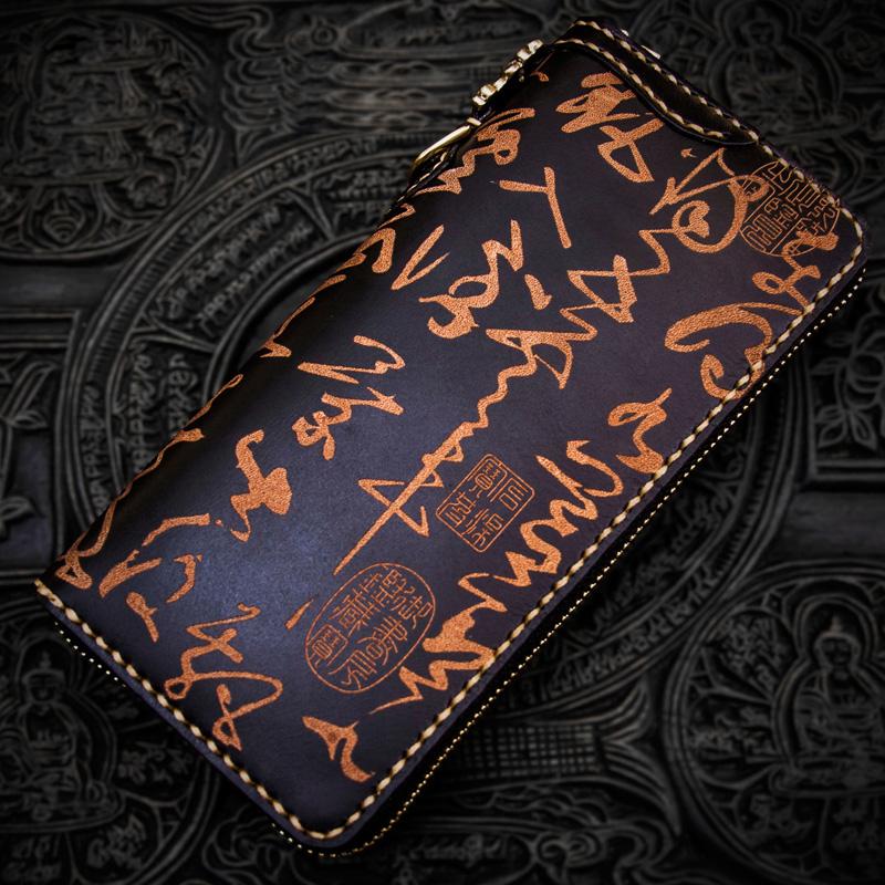 Handmade Leather Mens Chain Chinese Handwriting Biker Wallets Cool Leather Chain Wallet Long Wallets for Men