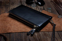 Handmade Leather Mens Cool Long Leather Wallet Slim Zipper Clutch Wristlet Wallet for Men