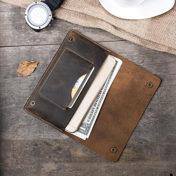 Handmade Leather Mens Clutch Wallet Cool Slim Leather Wallet Long Phone Wallets for Men