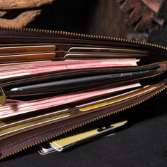 Handmade Leather Mens Cool Long Leather Wallet Zipper Clutch Wallet for Men - iChainWallets