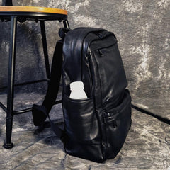 Mens Leather Black Backpack School Backpack 14'' Laptop Backpack For Men