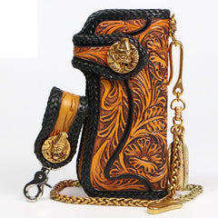 Handmade Mens Cool Tooled Floral Long Leather Chain Wallet Biker Trucker Wallet with Chain