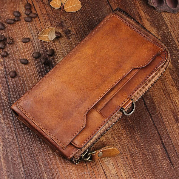 Handmade Leather Mens Cool Long Leather Wallet Bifold Clutch Wallet for Men - iChainWallets