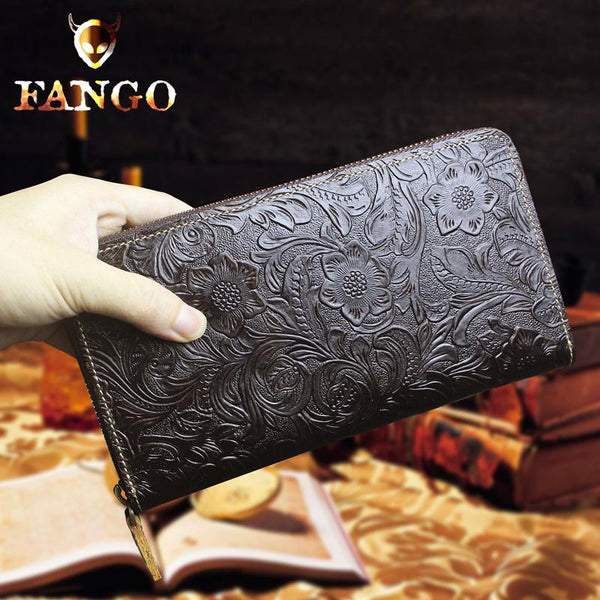 Handmade Leather Floral Mens Cool Travel Long Wallet Card Holder Card Slim Clutch Wallets for Men