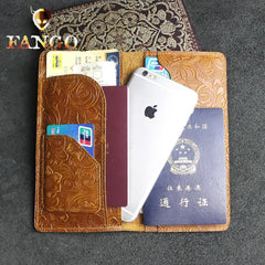 Handmade Leather Floral Mens Cool Travel Long Wallet Passport Card Holder Card Slim Wallets for Men