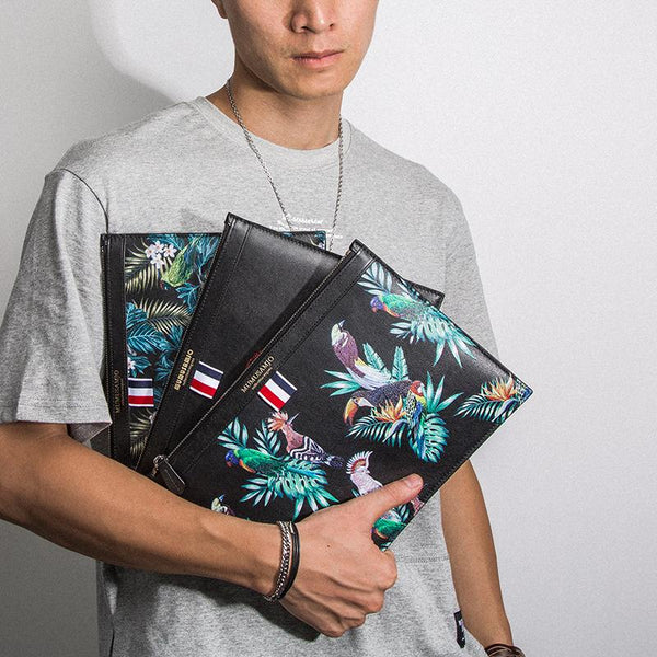 Handmade Leather Mens Clutch Birds Cool Slim Wallet Zipper Clutch Wristlet Wallet for Men - iChainWallets