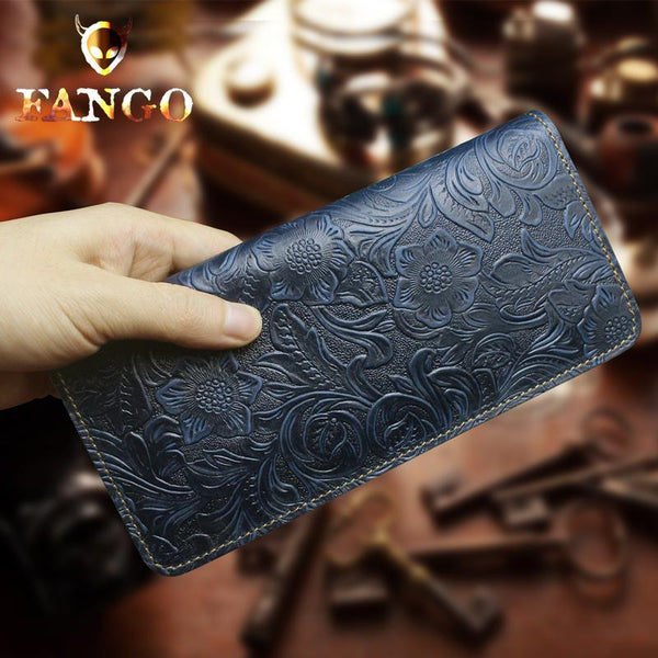 Handmade Leather Floral Mens Cool Travel Long Wallet Card Holder Card Slim Clutch Wallets for Men