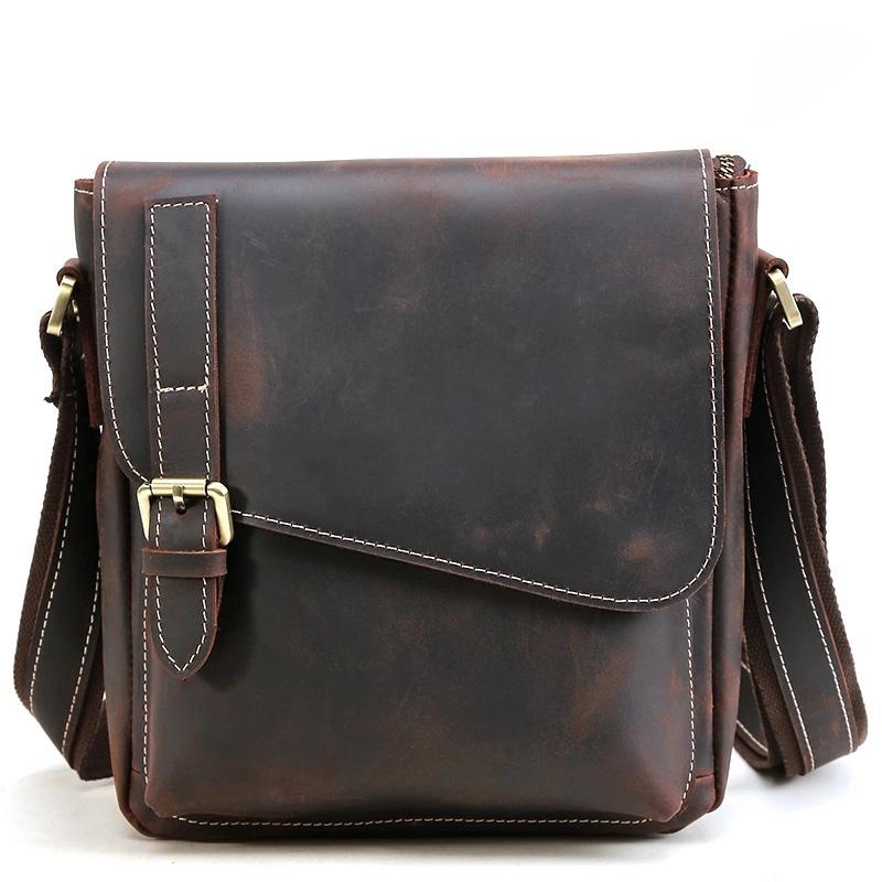 Leather Mens Vintage Brown Vertical Messenger Bag Small Shoulder Bag for Men