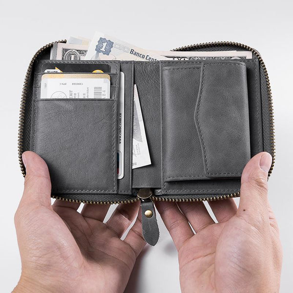 Handmade Leather Mens Cool Slim Leather Zipper Wallet Men Small Wallets Bifold for Men