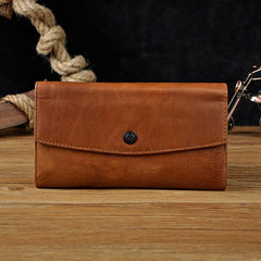 Cool Brown Mens Leather Long Wallet Trifold Brown Long Wallet for Men