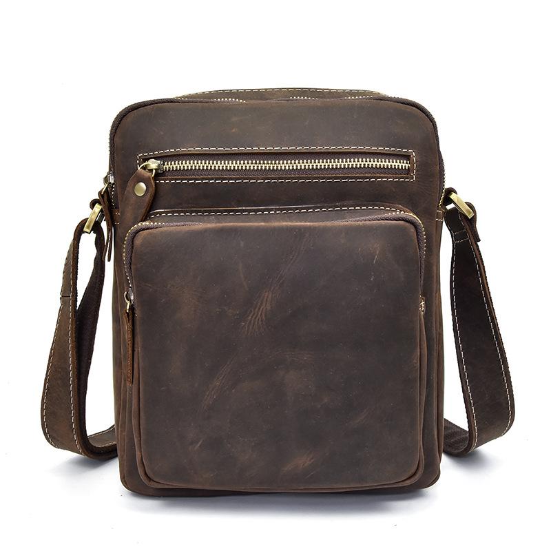 Vintage Brown Leather Mens Small Messenger Bags Vertical Side Bag For Men