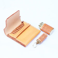 Cool Wooden Beige Leather Mens 10pcs Cigarette Case Custom Cigarette Holder for Men