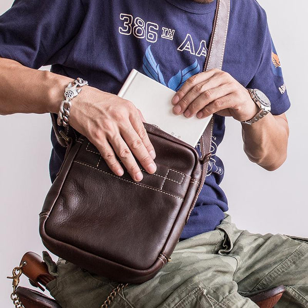 Genuine Leather Mens Cool Messenger Bag Sling Bag Chest Bag Bike Bag Cycling Bag for men - iChainWallets
