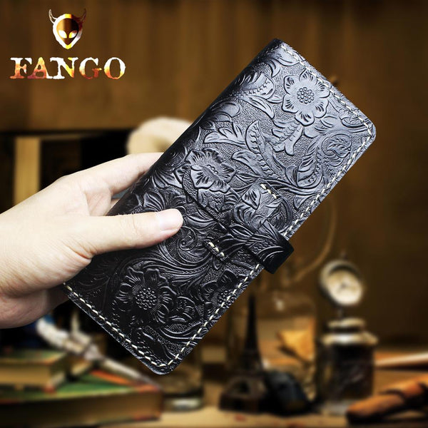 Handmade Leather Floral Mens Cool Travel Long Wallet Card Holder Card Slim Clutch Wallets for Men