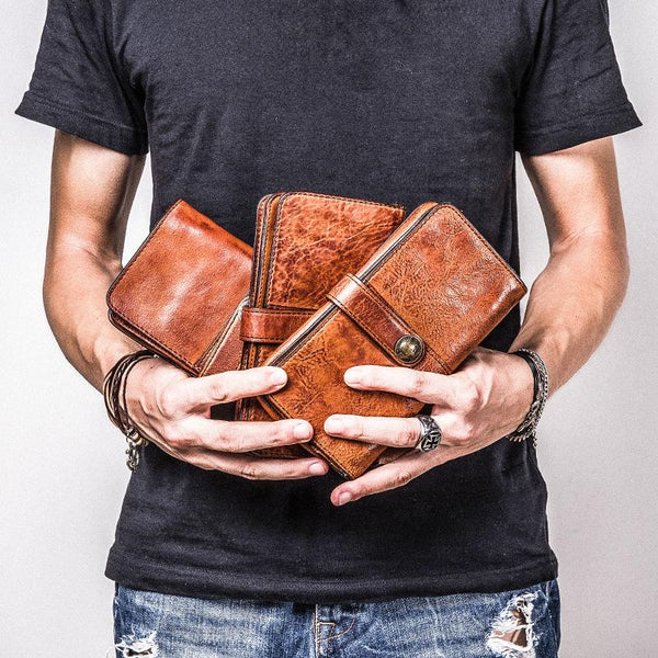 Handmade Leather Mens Cool Long Leather Wallet Bifold Clutch Wallet for Men - iChainWallets