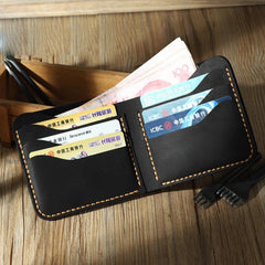 Handmade Slim Black Leather Mens Billfold Wallet Personalize Bifold Small Wallets for Men
