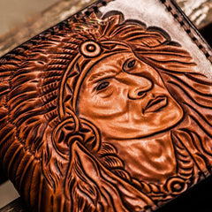 Handmade Leather Indian Chief Tooled Mens billfold Wallet Cool Leather Wallet Small Wallet for Men