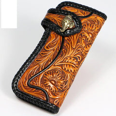 Handmade Mens Cool Tooled Floral Long Leather Chain Wallet Biker Trucker Wallet with Chain