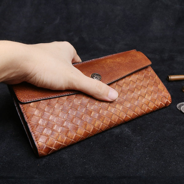 Handmade Leather Mens Cool Long Leather Wallet Card Wallet Clutch Wristlet Wallet for Men