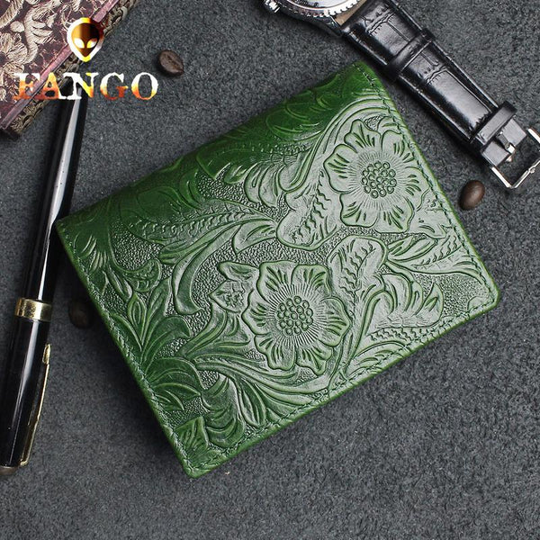 Handmade Leather Floral Mens Cool Slim Leather Wallet Men billfold Wallets Bifold for Men