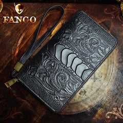Handmade Leather Mens Tooled Floral Cool Zipper Phone Travel Long Wallet Card Holder Card Slim Clutch Wallets for Men