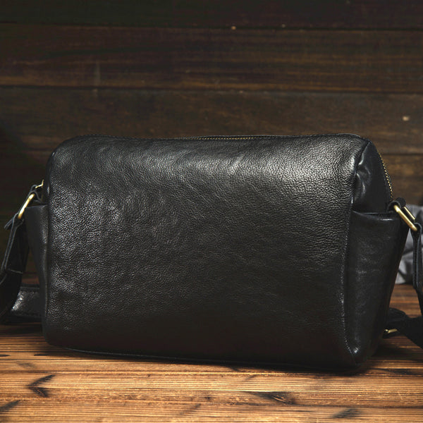 Black Small Leather Messenger Bag Chest Bag Side Bag Courier bag For Men