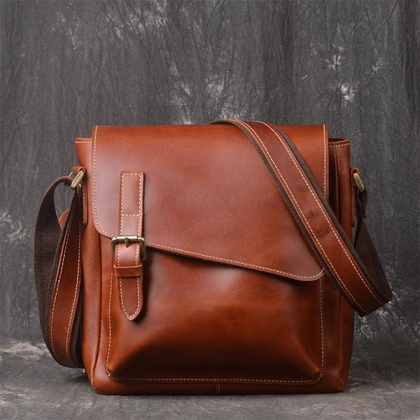 Leather Mens Vintage Brown Vertical Messenger Bag Small Shoulder Bag for Men