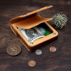 Handmade Wooden Brown Cool Leather Mens Wallet Small Card Holder Coin Wallet for Men