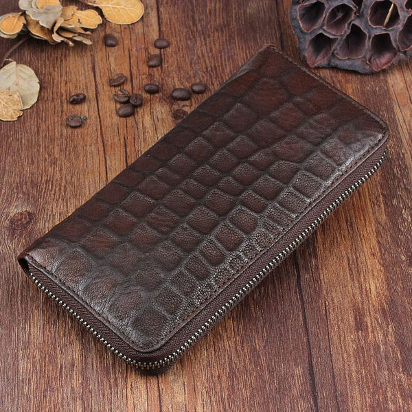 Genuine Leather Mens Cool Long Leather Wallet Zipper Clutch Wallet for Men - iChainWallets