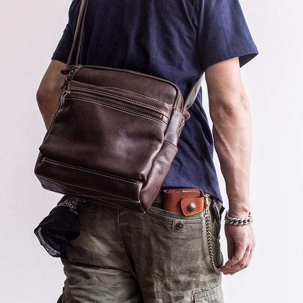 Genuine Leather Mens Cool Messenger Bag Square Bag Chest Bag Bike Bag Cycling Bag for men - iChainWallets