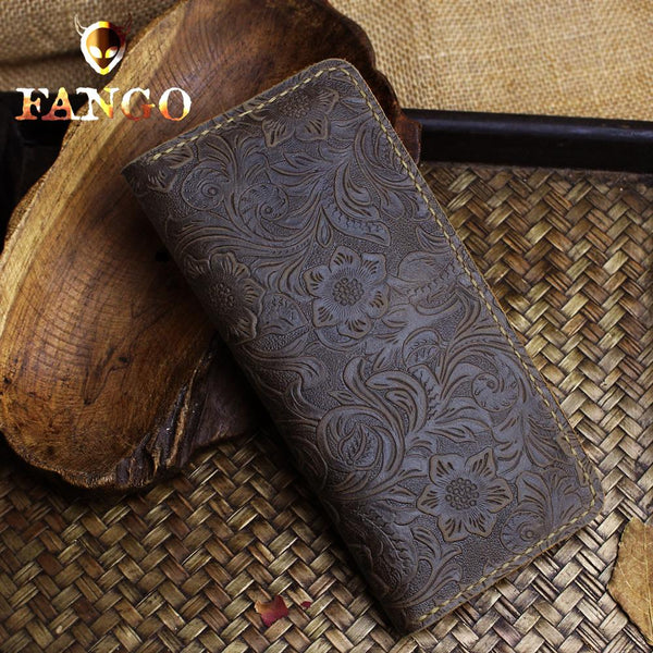 Handmade Leather Floral Mens Cool Travel Long Wallet Card Holder Card Slim Clutch Wallets for Men