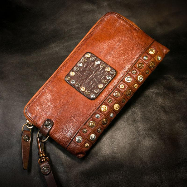Handmade Leather Mens Chain Biker Wallet Cool Leather Wallet Long Phone Wallets for Men